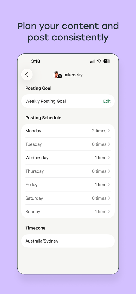 Bufferアプリの画面。週ごとのソーシャルメディア投稿スケジュールと一貫性の目標を示しています。
