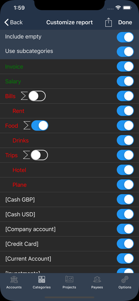 Money Tracker Infinite - Customize report screen in Money Tracker Infinite app showing toggles for hierarchical expense categories and accounts