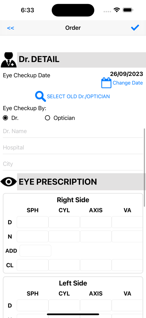Digital eye prescription and doctor detail entry screen in the Mobi Optical app