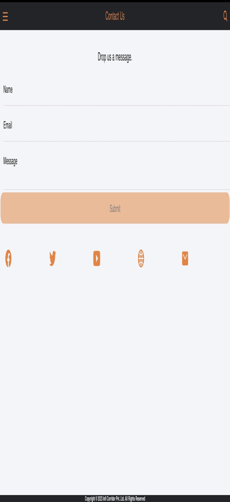 Indichords app contact us screen featuring a message form and social media icons