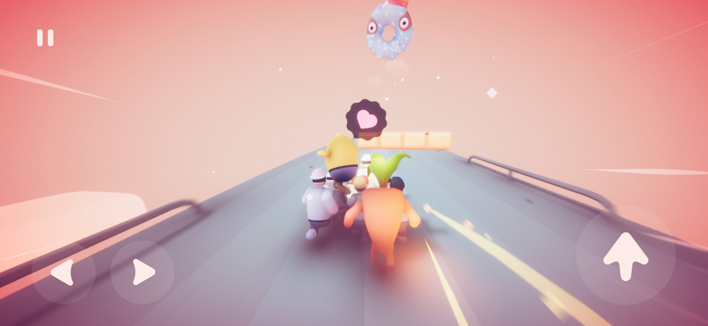 Populus Run - Una multitud de personajes peculiares, incluida una zanahoria gigante, corriendo hacia un jefe donut flotante en Populus Run