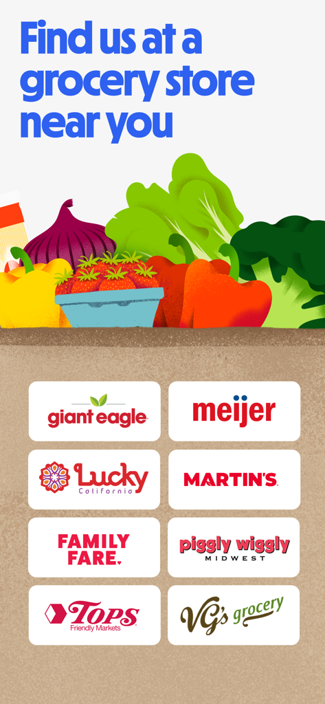 Flashfood - Grocery deals - Logos von Lebensmittelgeschäften, die Partner von Flashfood sind, einschließlich Meijer und Giant Eagle.