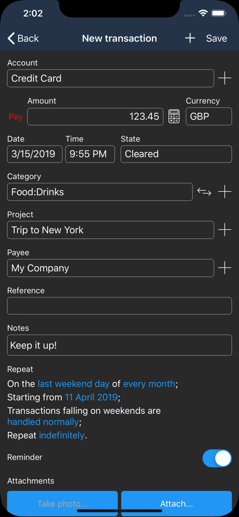 Money Tracker Infinite - Detailed manual transaction entry screen in the Money Tracker Infinite app showing fields for account, category, and recurring schedule
