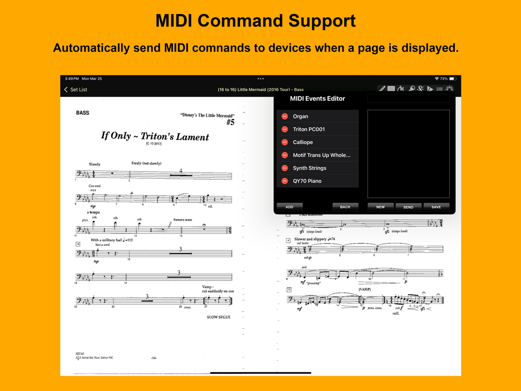 iGigBook Sheet Music Manager - iPad interface of the iGigBook app showing the MIDI Events Editor overlay on top of a sheet music score.