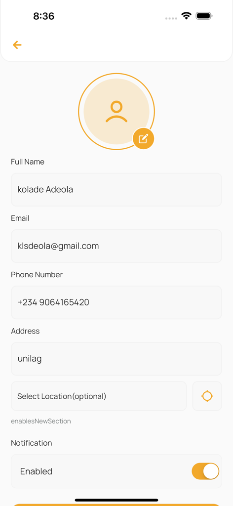 Optimuzhomez user profile settings screen with contact information fields and notification toggle