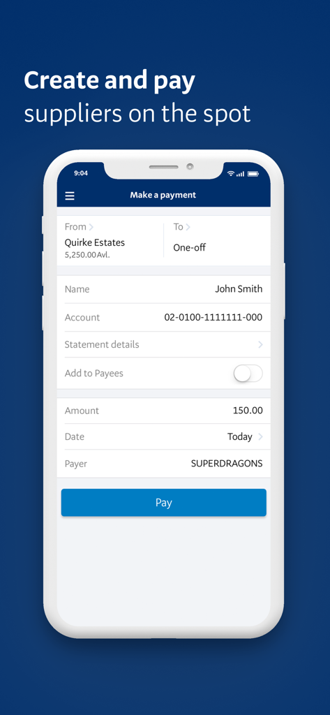 BNZ Mobile Business Banking - BNZ Mobile Business Banking app showing the Make a payment screen for a one-off payment to a supplier.