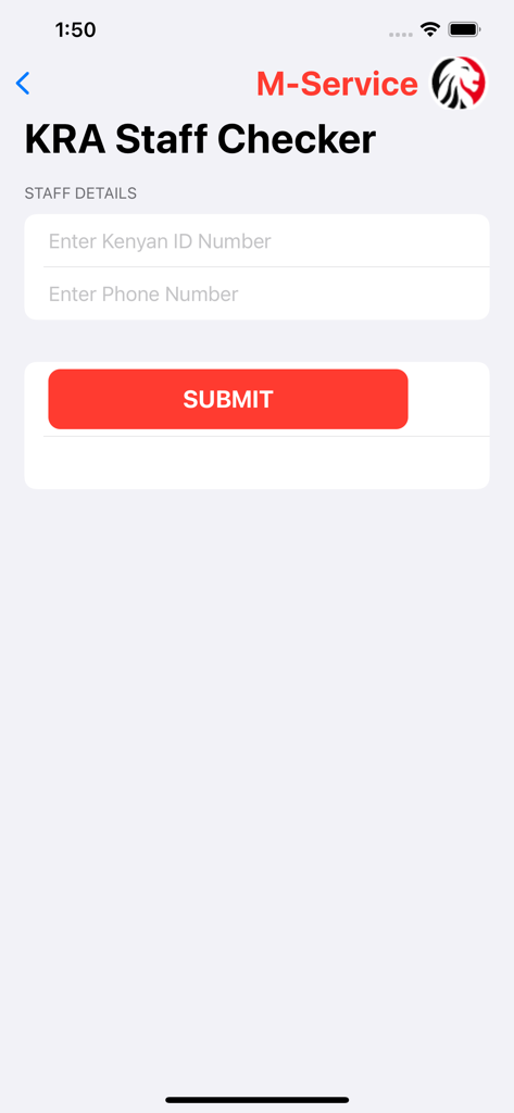 Interface de l'application KRA M-Service montrant l'écran de vérification du personnel KRA avec des champs de saisie pour l'ID kényan et le numéro de téléphone.