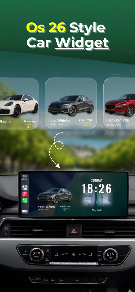 Customizable car dashboard interface with various vehicle models and widget styles