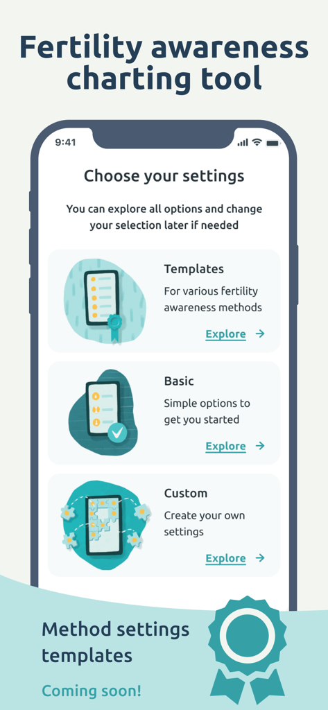 Read Your Body app settings screen showing options for fertility awareness method templates, basic tracking, and custom configurations.