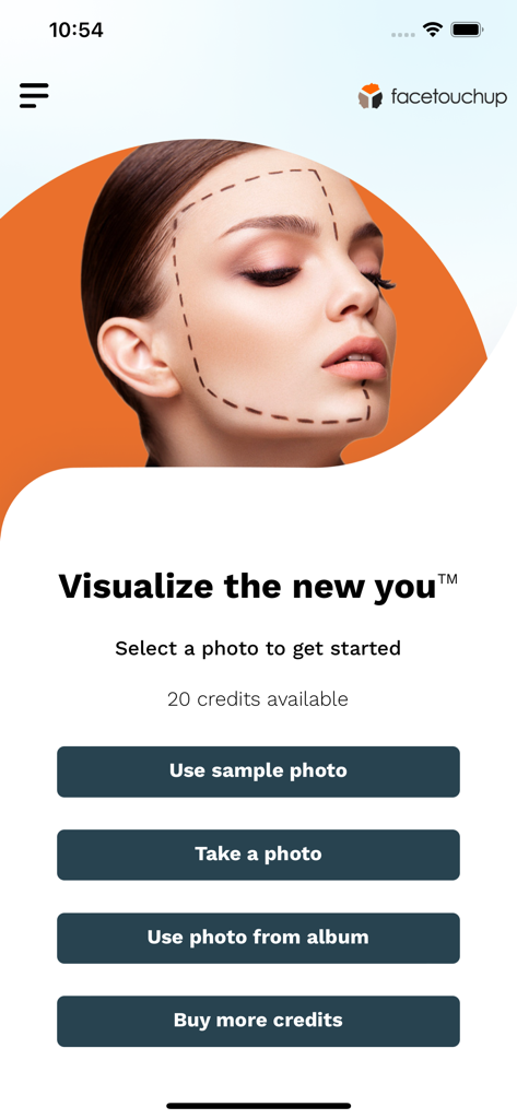 FaceTouchUp Nose Job Simulator - 外科的なマーキングが施された女性と写真のアップロードオプションが表示された、FaceTouchUp 鼻整形シミュレーターアプリのホーム画面。