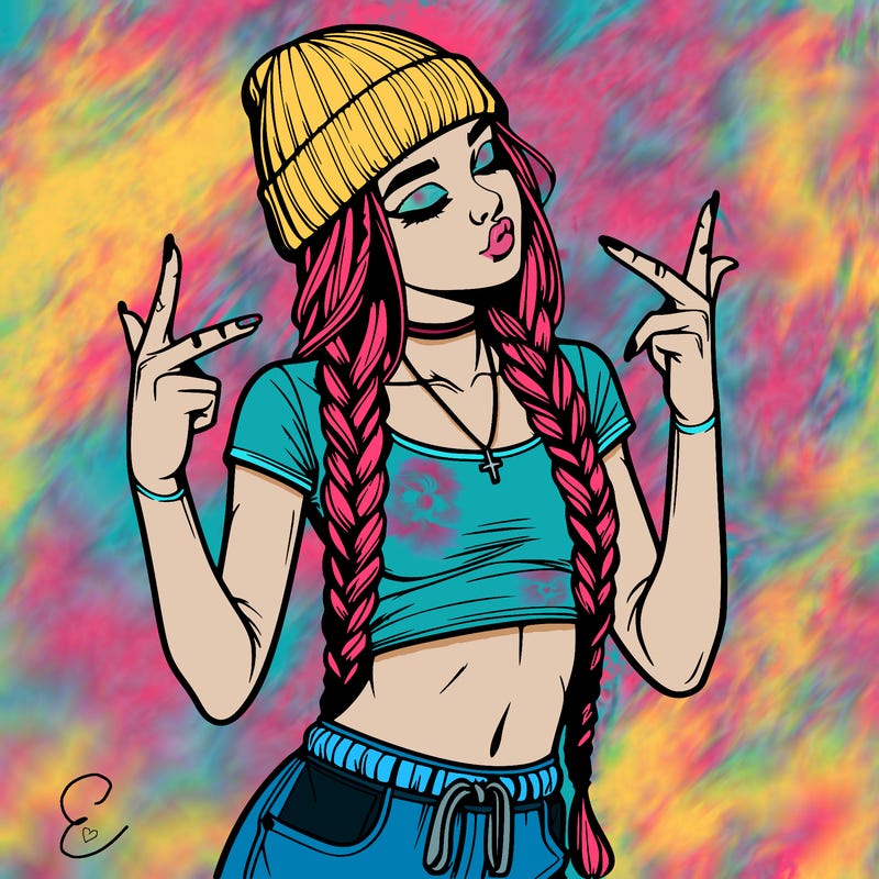 realistic teenage girl with braids and a beanie and crop top doing 🫶🏼