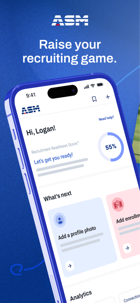 ASM Sports - ASM Sports app dashboard showing recruitment readiness score and profile setup tasks for student athletes