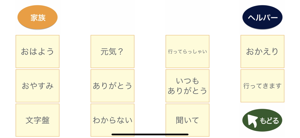 YM Player - Interface of YM Player showing a grid of Japanese communication cards with categories for family and helpers