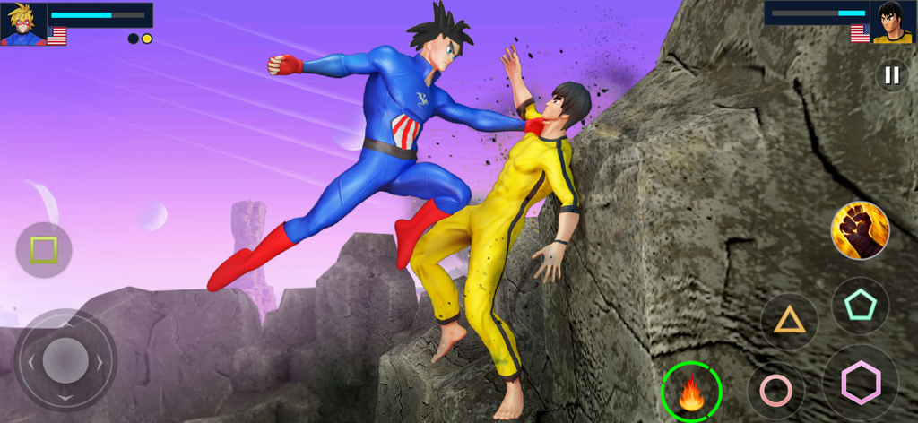 Anime Battle 3D Fighting Games - Gameplay screenshot of two 3D anime characters fighting in a rocky mountain landscape with mobile game controls.