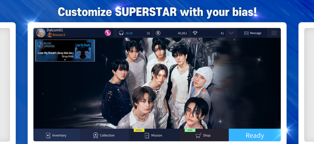 SUPERSTAR JYPNATION - Stray Kidsのアーティスト背景とユーザーインターフェースメニューが表示された「SUPERSTAR JYPNATION」のメインゲームロビー