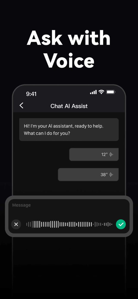 Chat AI 5 - Chatbot Assistant - Interface de l'application mobile Chat AI 5 montrant la fonction d'assistant vocal avec un enregistrement de forme d'onde vocale.