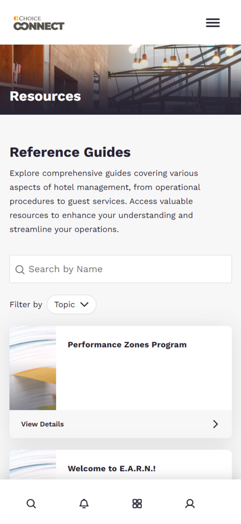 호텔 관리 참조 가이드 및 운영 리소스를 표시하는 ChoiceConnect 앱 화면입니다.