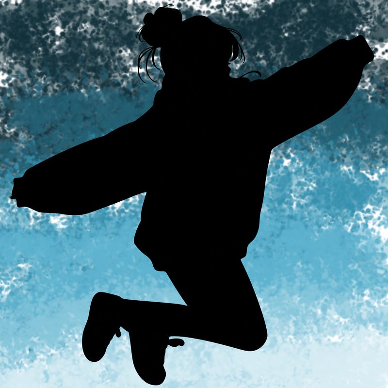 realistic girl jumping with a bun and oversized sweatshirt
