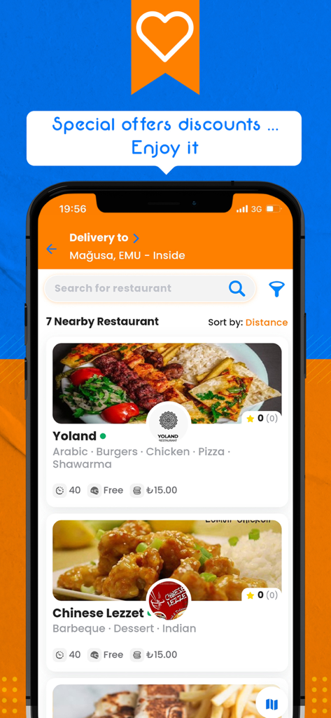 FOODER mobile app interface showing a list of nearby restaurants with food photos and delivery details