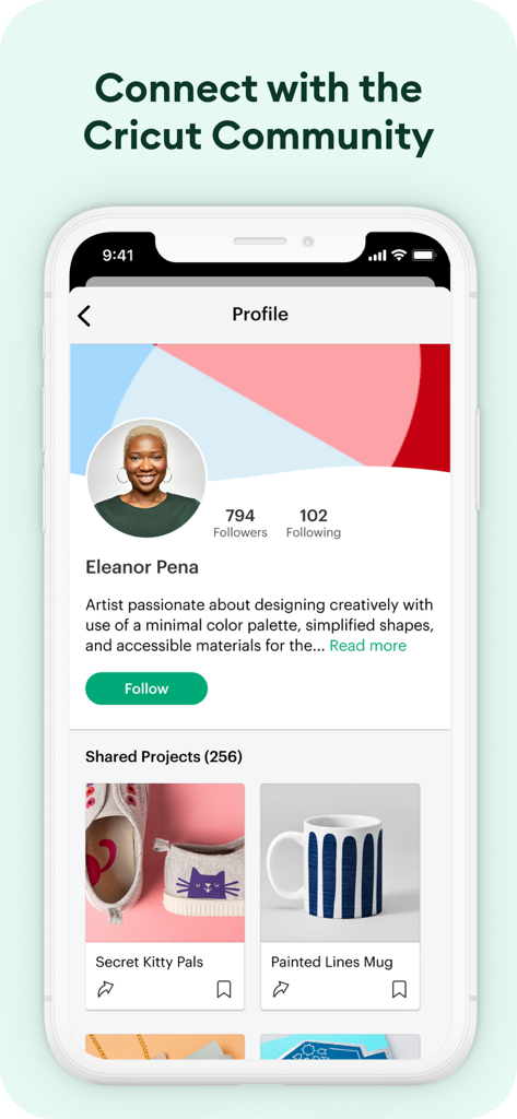 Cricut Design Space - Cricut Design Space app user profile screen showing shared craft projects and community followers