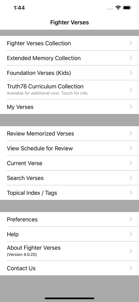 Fighter Verses: memorize Bible - The main menu interface of the Fighter Verses Bible memory app displaying verse collections and study tools.