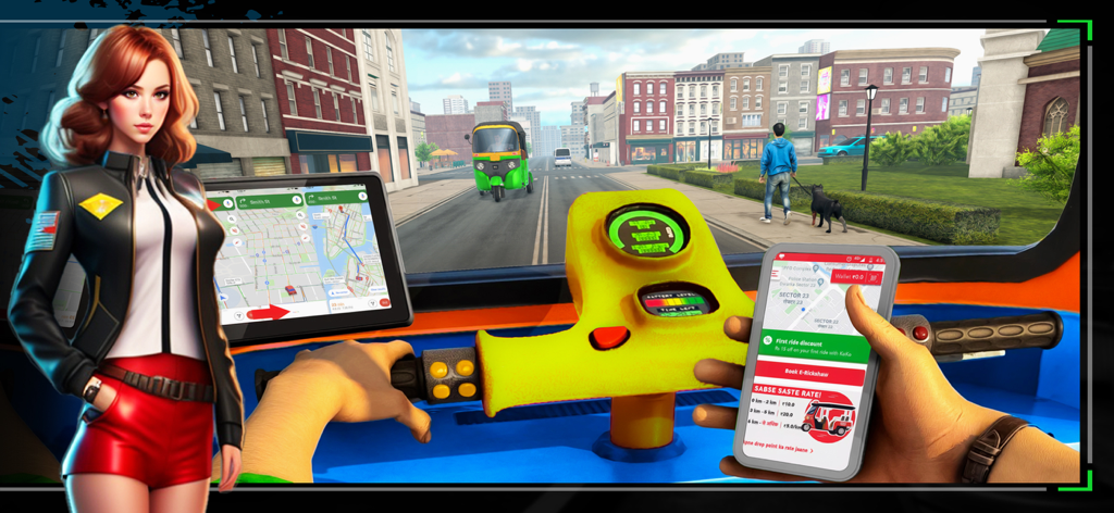 First person view of driving an auto rickshaw through a city in a simulation game