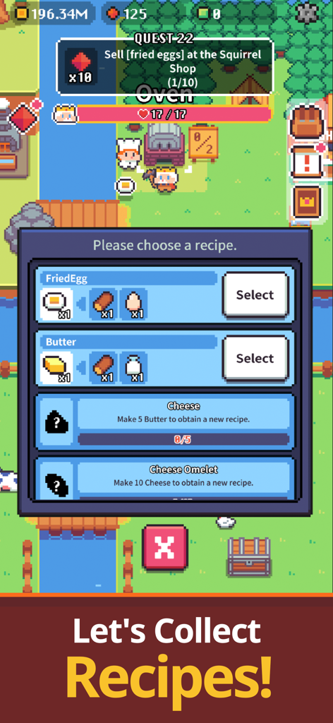 Pickaxe King Island - Pixel art interface of Pickaxe King Island showing the recipe selection menu for cooking items like fried eggs and butter