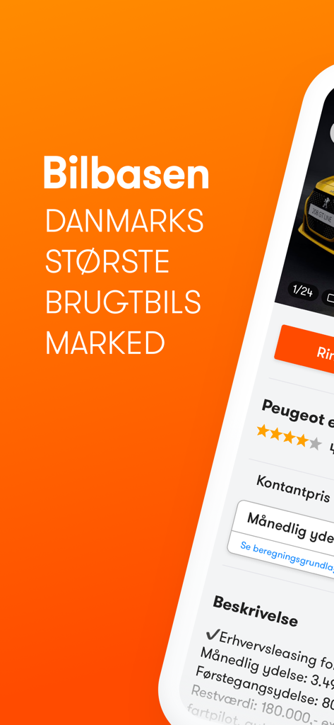 Bilbasen app interface displaying a car listing and text identifying it as Denmarks largest used car market