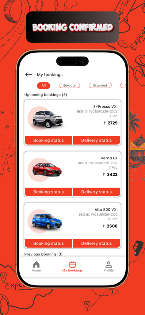 Wowcarz -Self drive car rental - 다양한 자동차 모델에 대한 확인된 예정된 렌터카 예약, 가격 및 상태 버튼을 보여주는 Wowcarz 앱의 내 예약 화면.