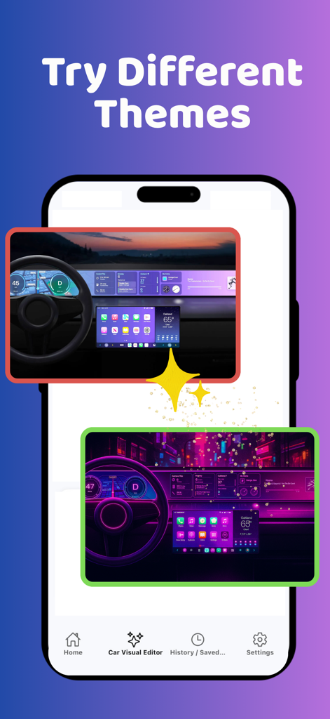 Modify - AI Car Mods & Theme - Mobile app interface showing different AI generated car dashboard themes including a neon night mode