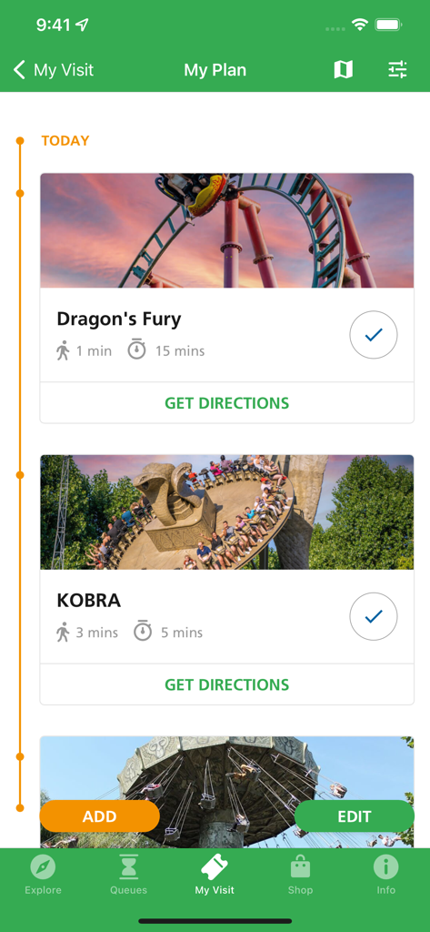 Chessington Resort app My Plan screen displaying ride queue times and directions