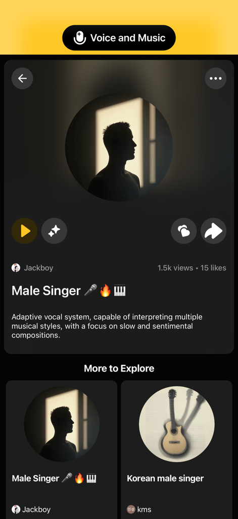 Weights: AI Voice Covers - User interface of the Weights app showing a male singer AI voice model profile with play and share buttons