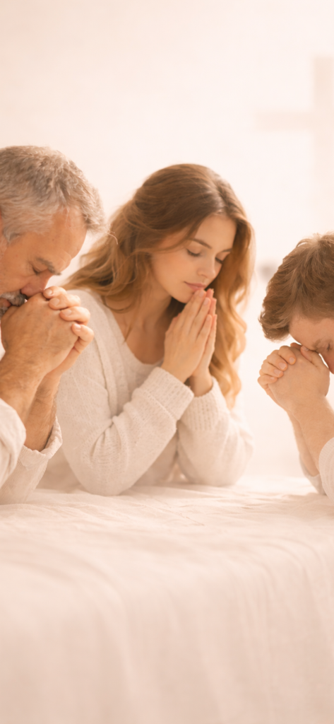 Tre persone in un momento di preghiera silenziosa e riflessione