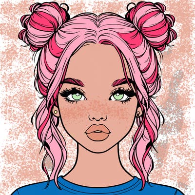 realistic girl with two buns in hair and lips
