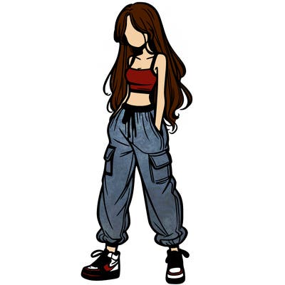 girl in baggy pants crop top and long hair