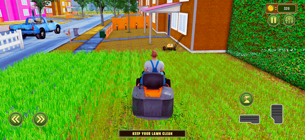 Lawn Mower - Mowing Simulator - Un personaje conduciendo un cortacésped para cortar hierba alta en un vecindario suburbano