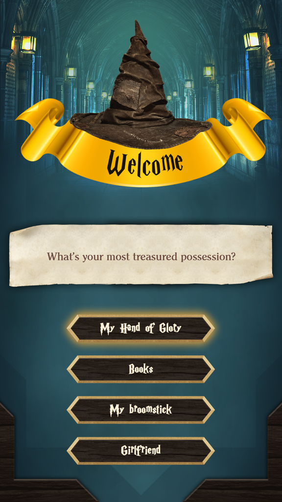 Magic Wands: Wizard Spells - Wizard house sorting quiz screen with a magic hat and a question about treasured possessions
