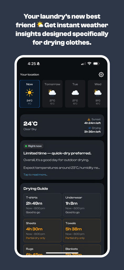 Washcast - Washcast app dashboard showing real-time weather insights and estimated drying times for different fabric types