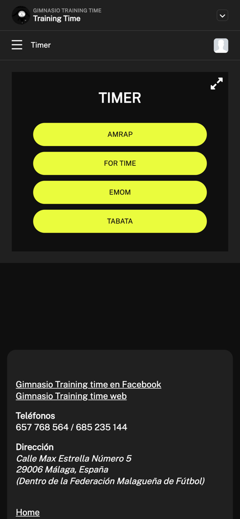 Gimnasio Training Time - Interfaz de la aplicación Gimnasio Training Time que muestra opciones de temporizador de entrenamiento como AMRAP EMOM y TABATA