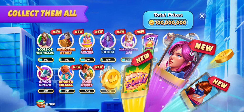 Spades Royale - Un écran de jeu Spades Royale montrant des albums thématiques à collectionner et une cagnotte de 100 millions de pièces.