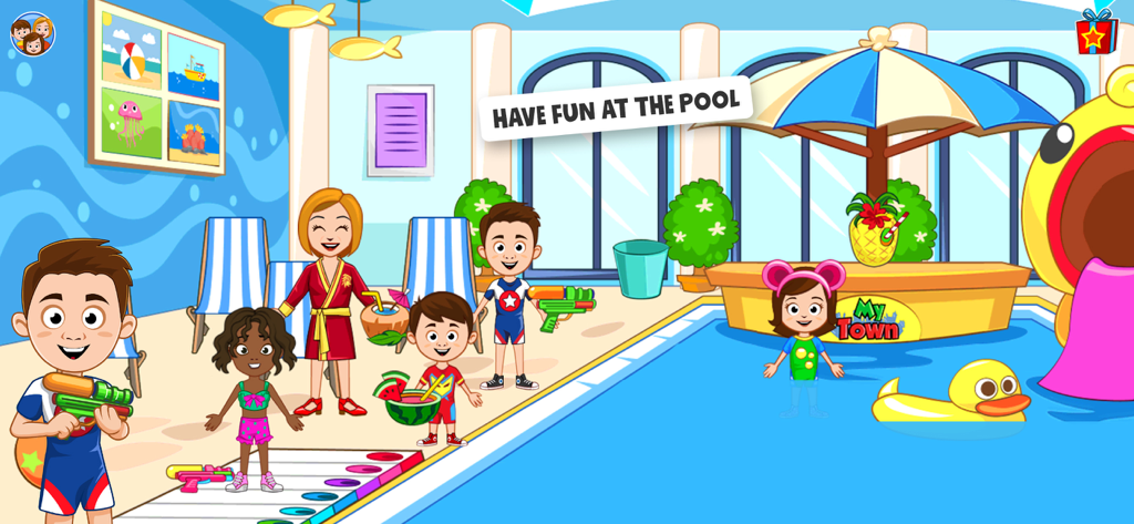 My Town : Hotel - Characters playing at a colorful hotel swimming pool with water toys and drinks