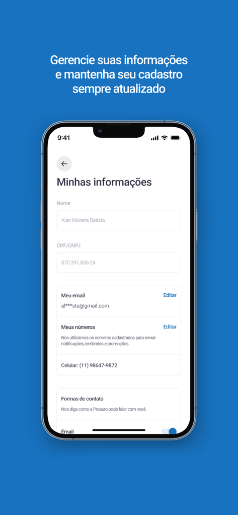 Schermata dell'app Proauto che mostra i dettagli del profilo utente come nome, email e numero di telefono per i servizi di protezione veicolare