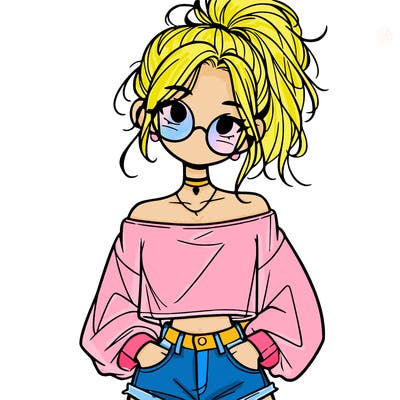 girl with a messy ponytail glasses a baggy crop top and jean shorts