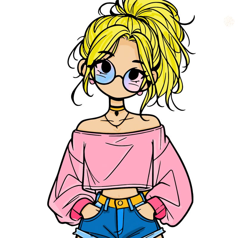 girl with a messy ponytail glasses a baggy crop top and jean shorts