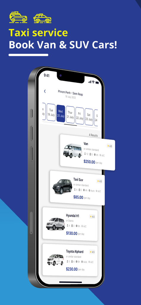 Camboticket - Camboticket mobile app screen showing private taxi and van booking options between Phnom Penh and Siem Reap with prices and vehicle types.
