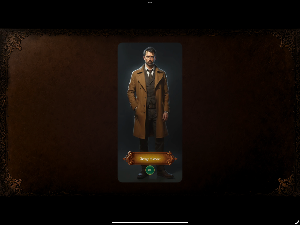 Angor : RPG - Character selection screen in Angor RPG showing a man in a trench coat