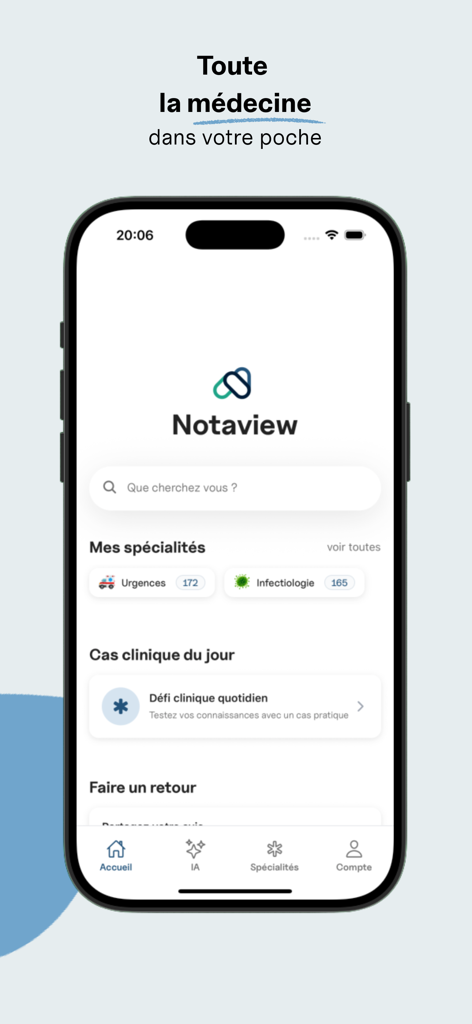 Pantalla de inicio de la aplicación médica Notaview que muestra la barra de búsqueda y las especialidades clínicas para médicos