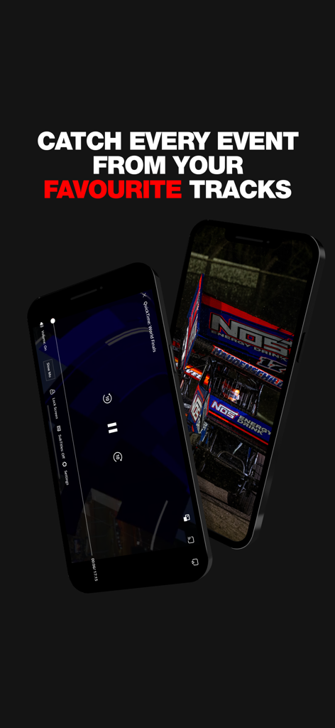 2つのスマートフォンのDIRTVisionモバイルアプリインターフェイスに、ライブスプリントカーレースイベントが表示されています。