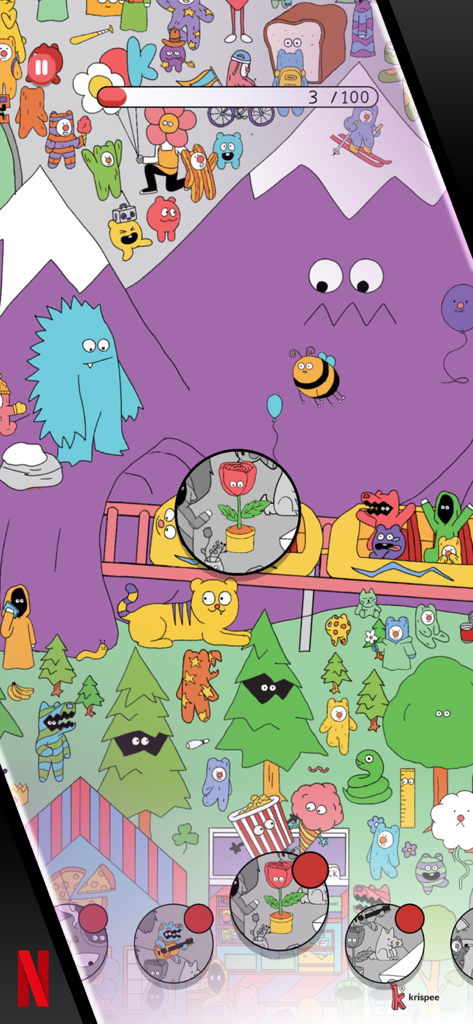 Krispee Street - Hidden object gameplay in Krispee Street featuring a magnified rose and colorful hand drawn art