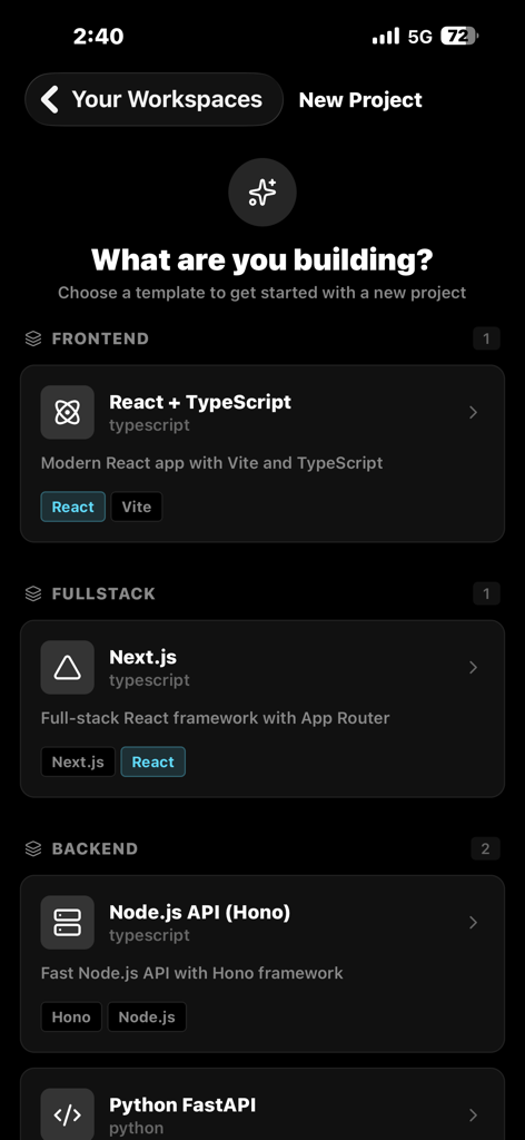 Sifr IDE - Sifr IDE mobile app screen showing options to start a new project with frontend fullstack or backend templates